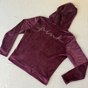Victoria's Secret PINK Velour Full Zip Hoodie Burgundy Plum Script Logo Medium